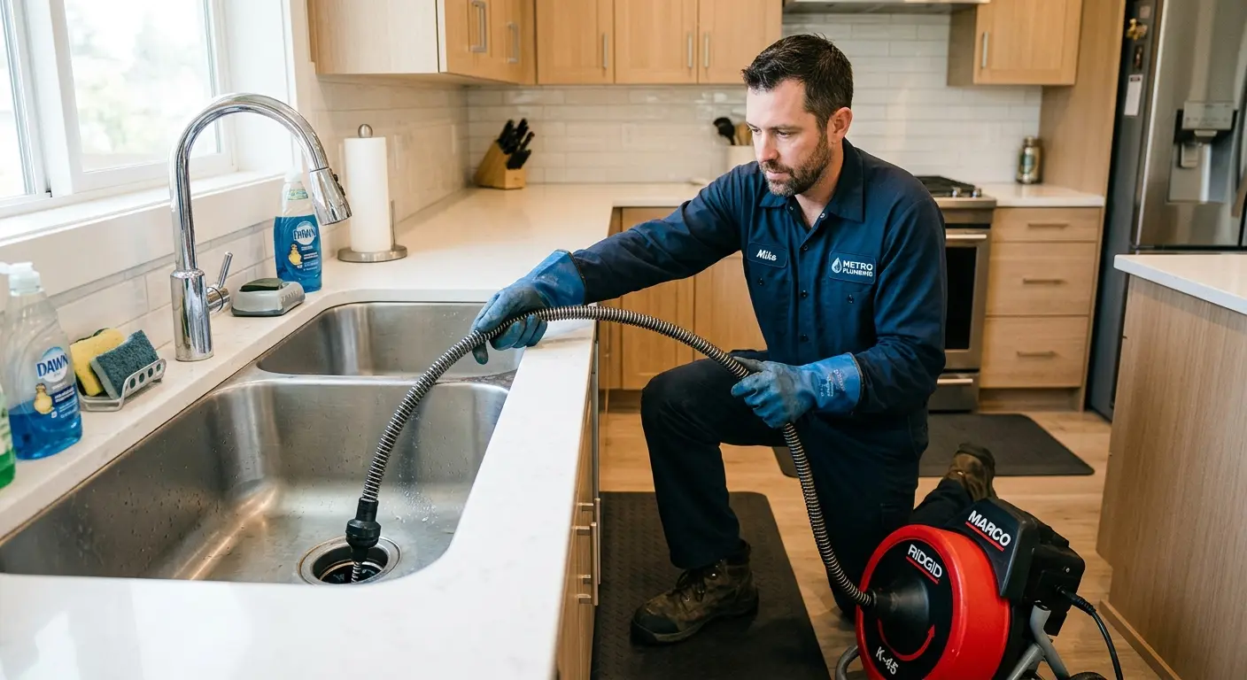 Drain cleaning technician using a motorized snake on a kitchen sink in Bon Air