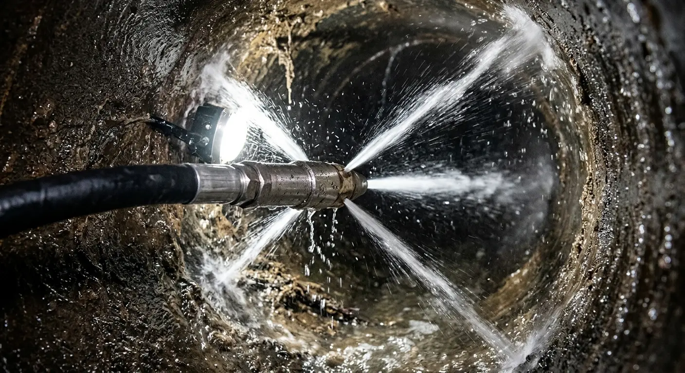 High-pressure hydro jetting nozzle cleaning sewer pipe for Emergency Drain Service in Bon Air