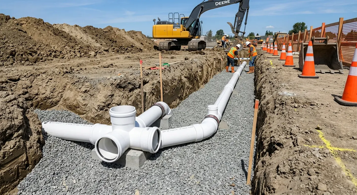 New PVC sewer pipe installation in open trench for Sewer Backup in Bon Air