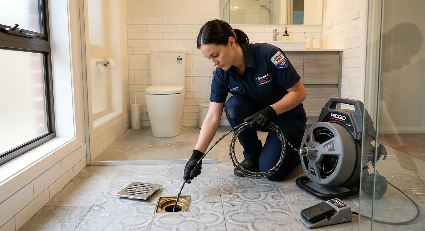 Technician clearing a bathroom floor drain for Drain Cleaning in Bon Air